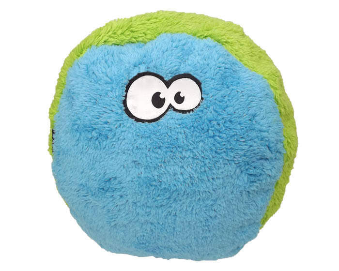 A round, plush toy shaped like a cartoon planet or character, featuring a soft blue fuzzy body and a bright green fuzzy outer edge, with large white cartoon eyes outlined in black on the front.