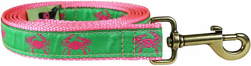 1” x 6ft Ribbon Dog Leash – Crabs, Pink on Lime Green