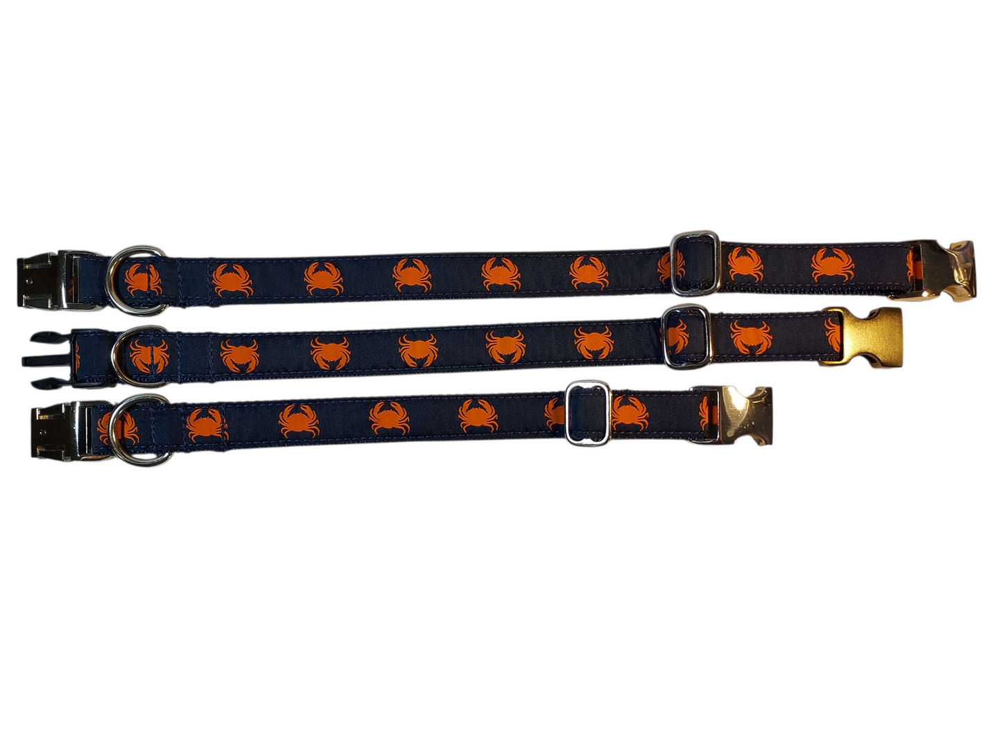 1” Ribbon Dog Collar – Crabby on Navy Blue