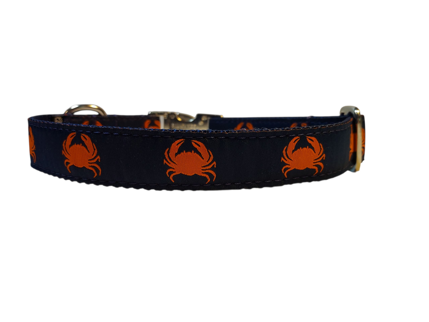 1” Ribbon Dog Collar – Crabby on Navy Blue