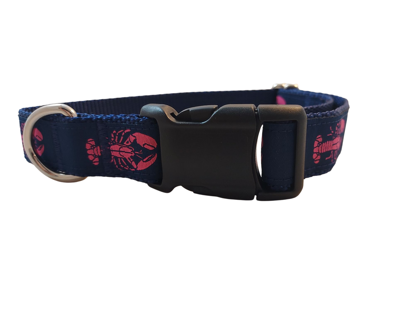 Ribbon Dog Collar – Pink Lobster on Navy Blue w/ Navy Nylon