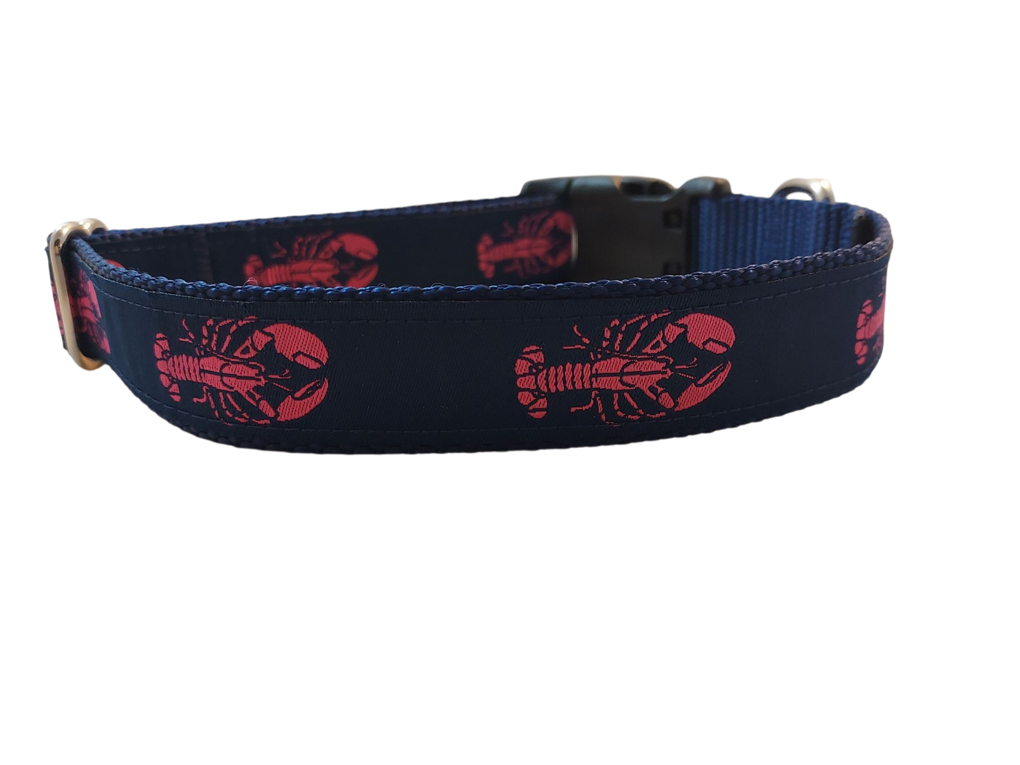 Ribbon Dog Collar – Pink Lobster on Navy Blue w/ Navy Nylon