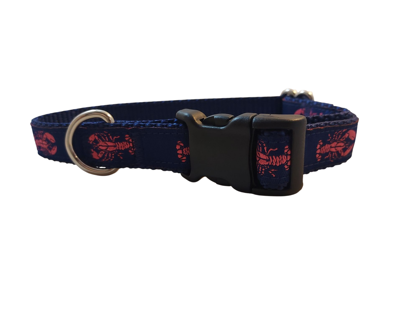 Ribbon Dog Collar – Pink Lobster on Navy Blue w/ Navy Nylon