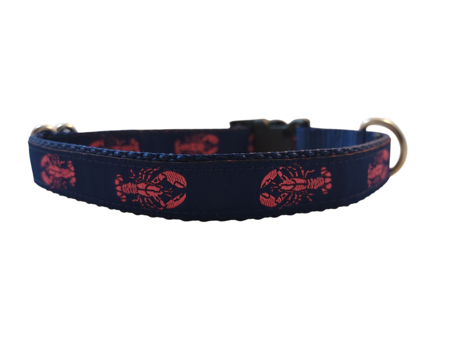 Ribbon Dog Collar – Pink Lobster on Navy Blue w/ Navy Nylon