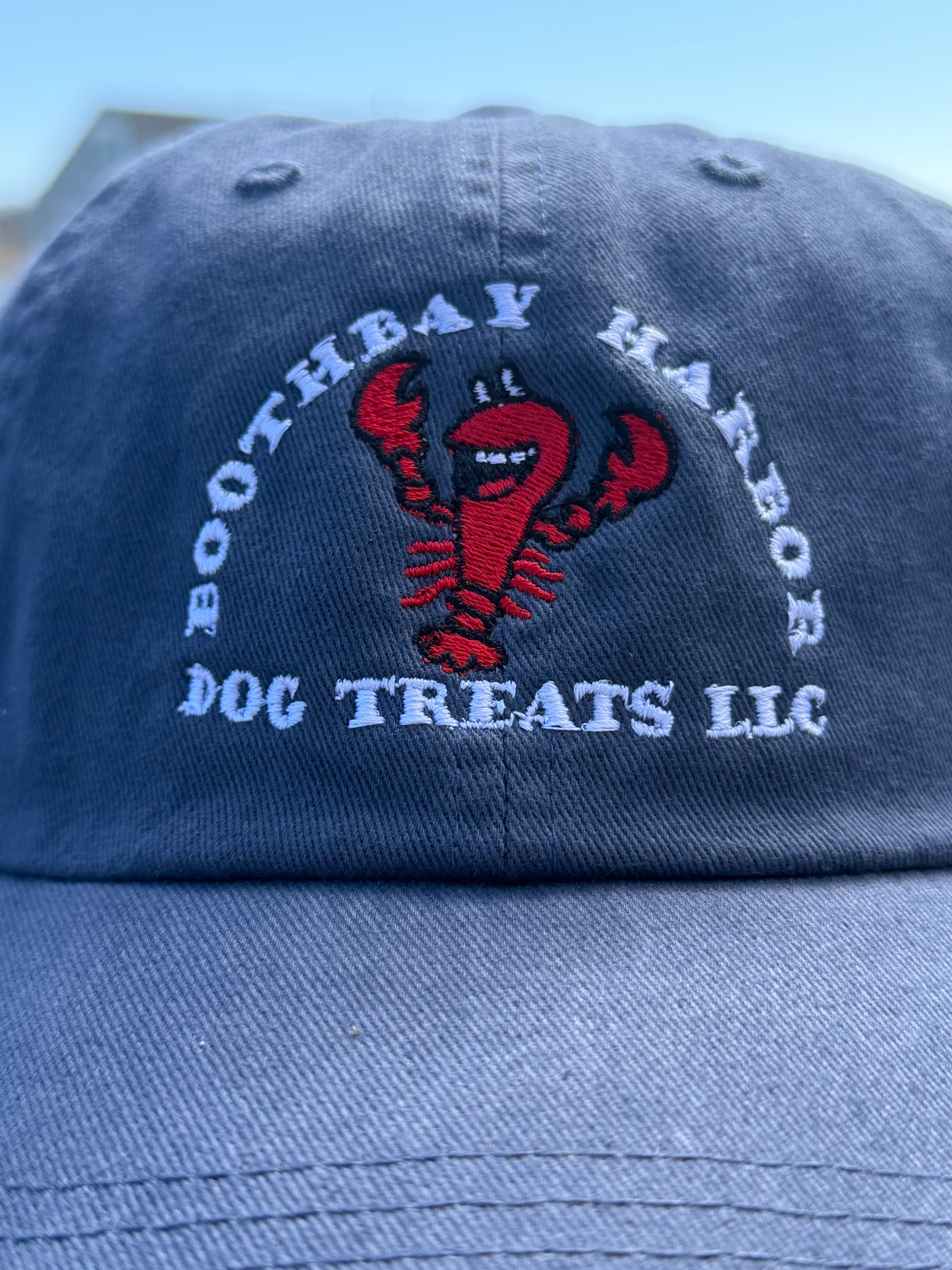 close up of Blue Boothbay Harbor Dog Treats dad hat with embroidered red lobster logo
