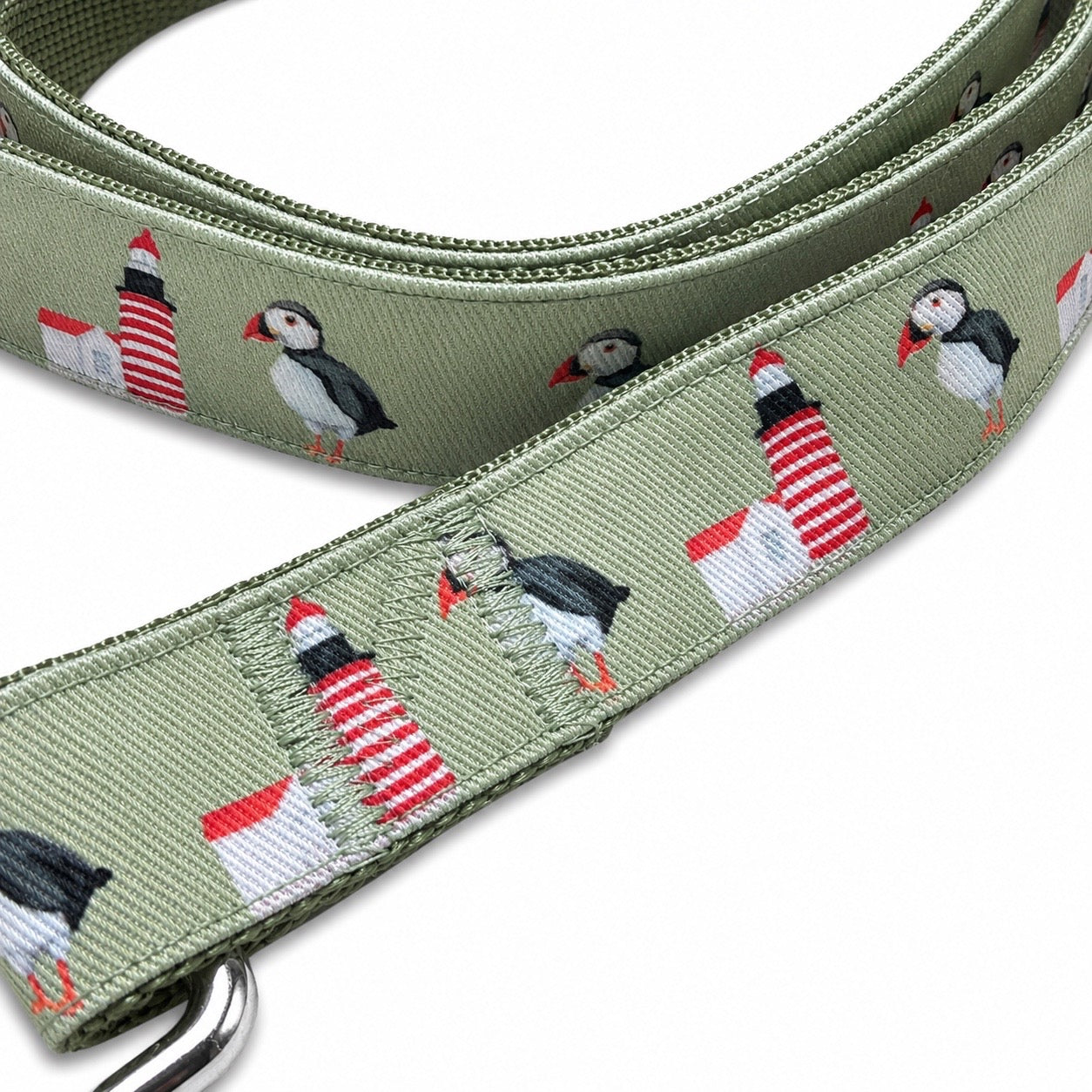 Handmade Ribbon Dog Leash - Puffins & Lighthouses - Black Nylon - 52"