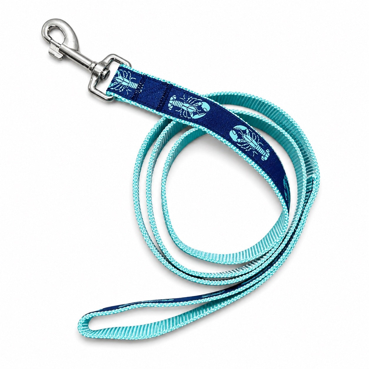 Handmade Ribbon Dog Leash - Aqua Lobster On Navy - Aqua Nylon - 2 Lengths