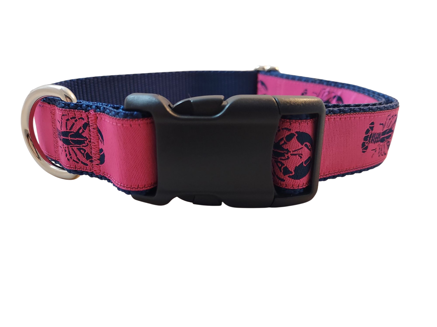 Ribbon Dog Collar – Navy Lobster on Pink w/ Navy Nylon