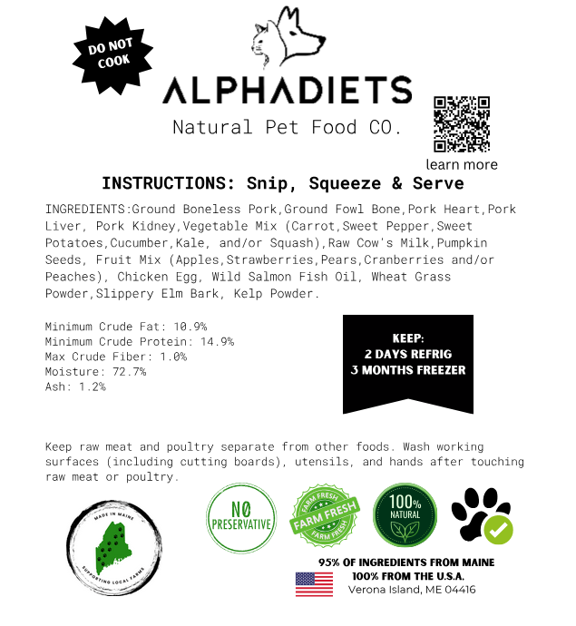 AlphaDiets – Frozen Dog Food – Pork – 32oz