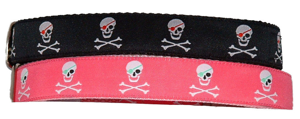 3/4” Ribbon Dog Collar – Pirate Skulls, Pink