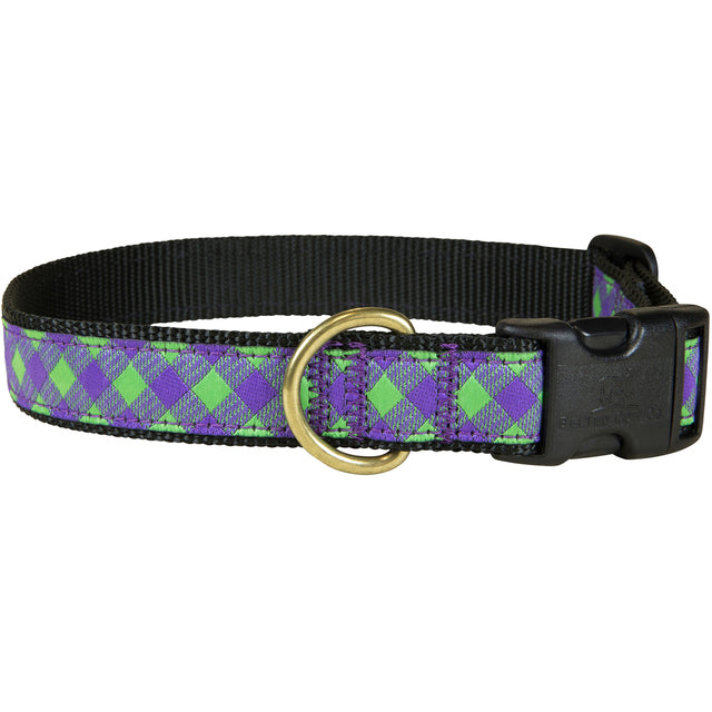 1” Ribbon Dog Collar – Buffalo Plaid, Green & Purple
