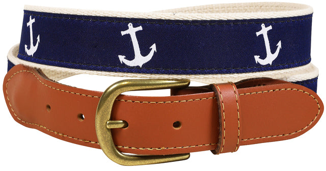 Leather Tab and Ribbon Belt - White Anchor on Navy Blue