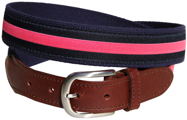 Leather Tab and Ribbon Belt - Pink Stripe on Navy Blue