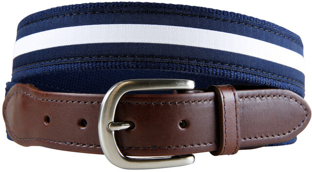 Leather Tab and Ribbon Belt - White Stripe on Navy Blue