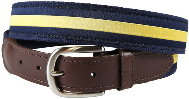 Leather Tab and Ribbon Belt - Yellow Stripe on Navy Blue
