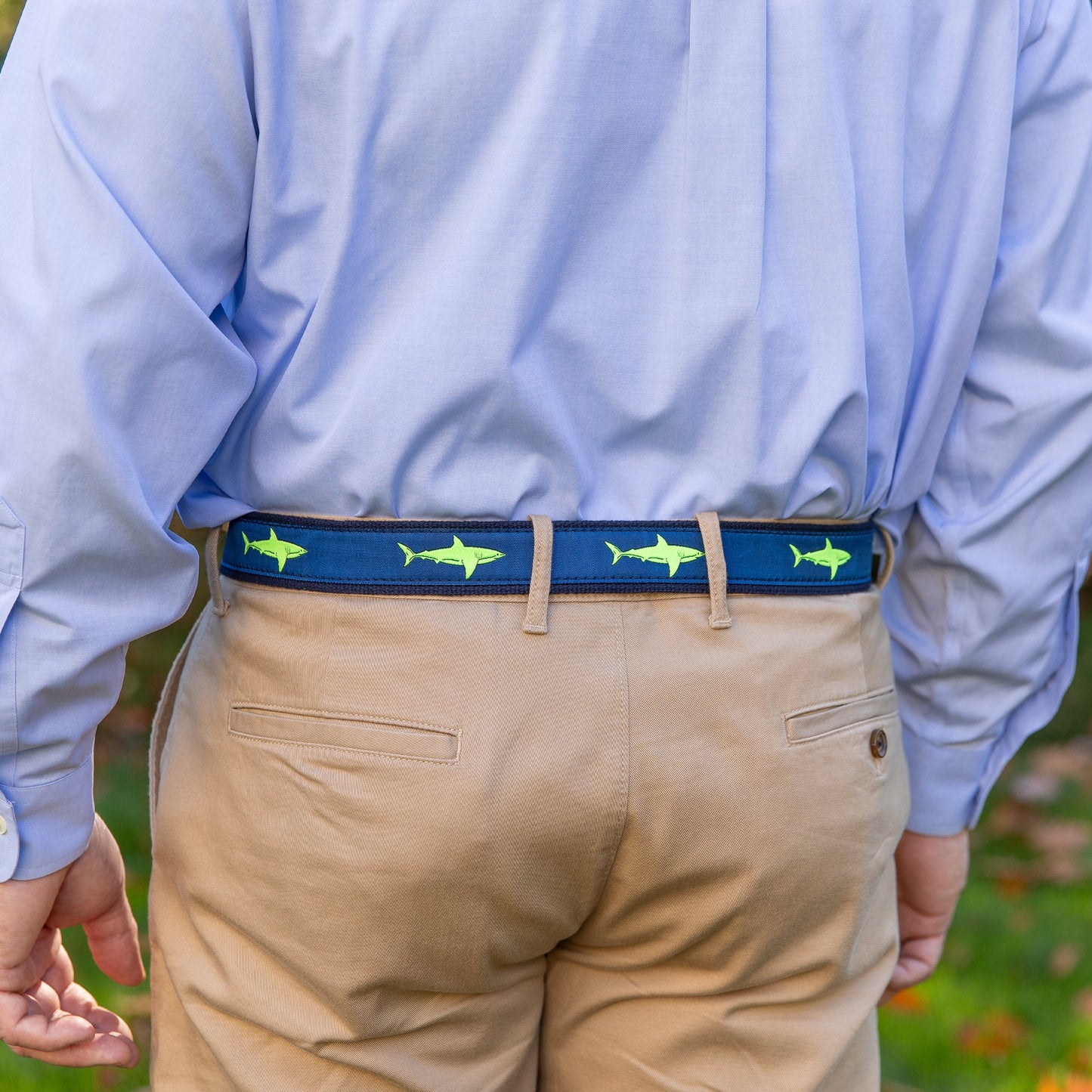 Leather Tab and Ribbon Belt - Lime Shark on Navy Blue