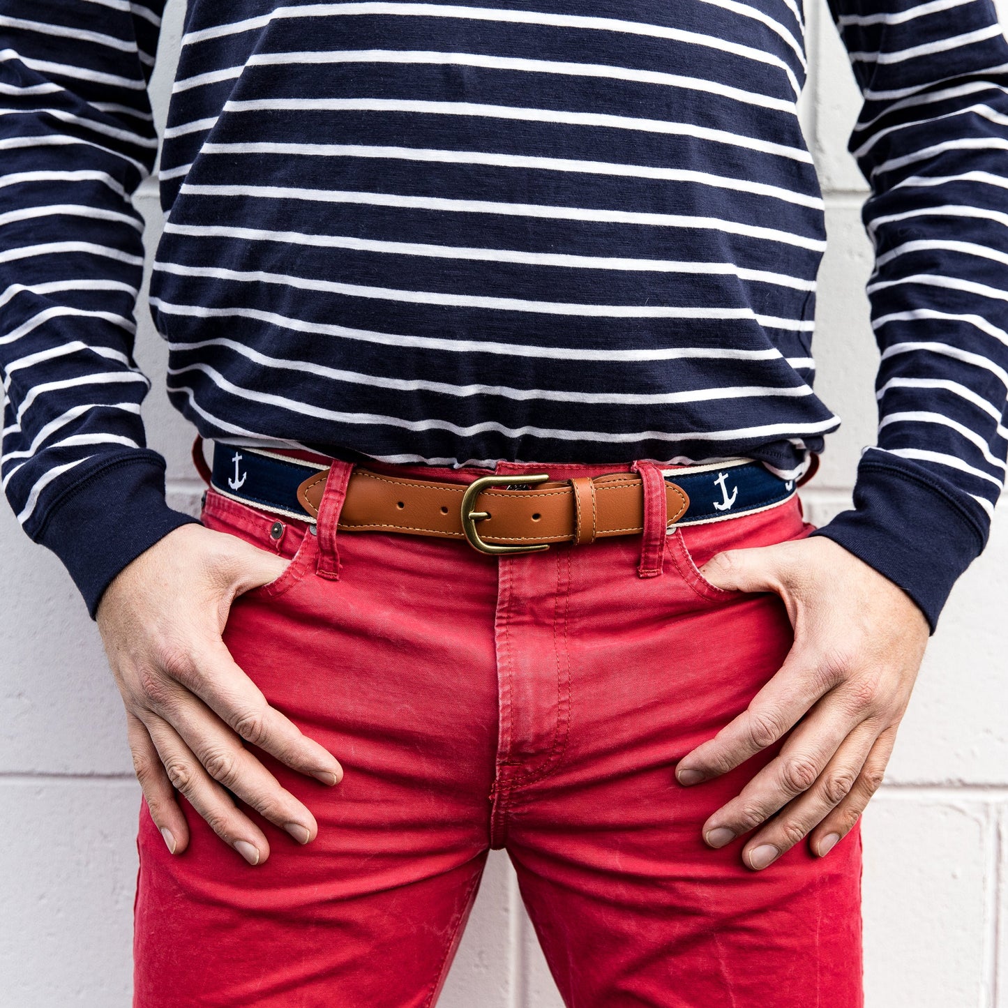 Leather Tab and Ribbon Belt - White Anchor on Navy Blue