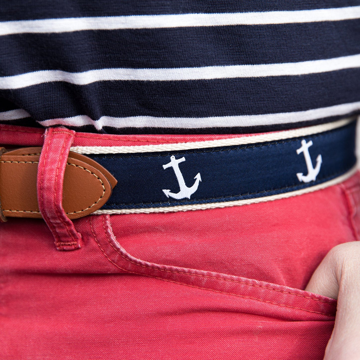 Leather Tab and Ribbon Belt - White Anchor