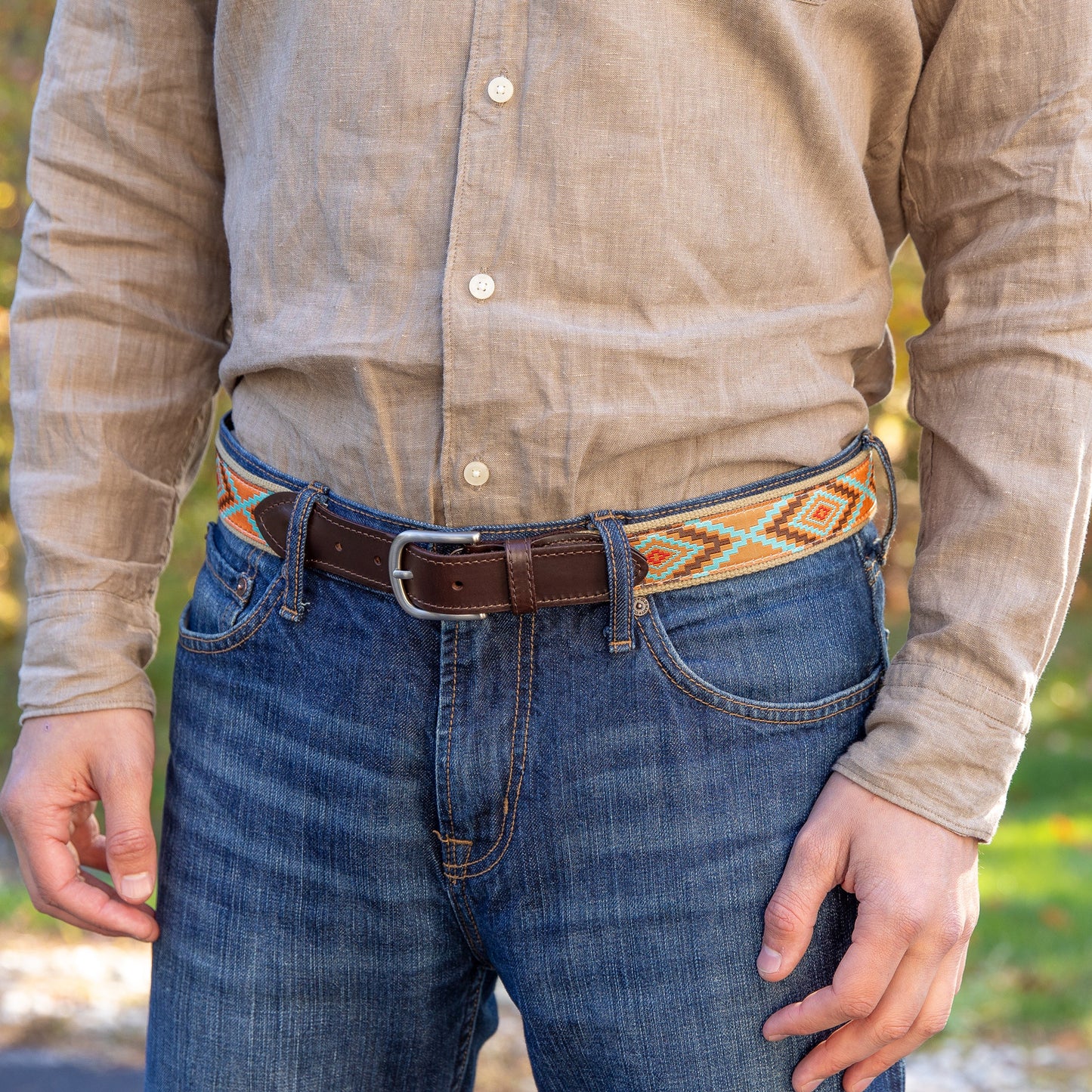 Leather Tab and Ribbon Belt - Southwest - Burnt Orange