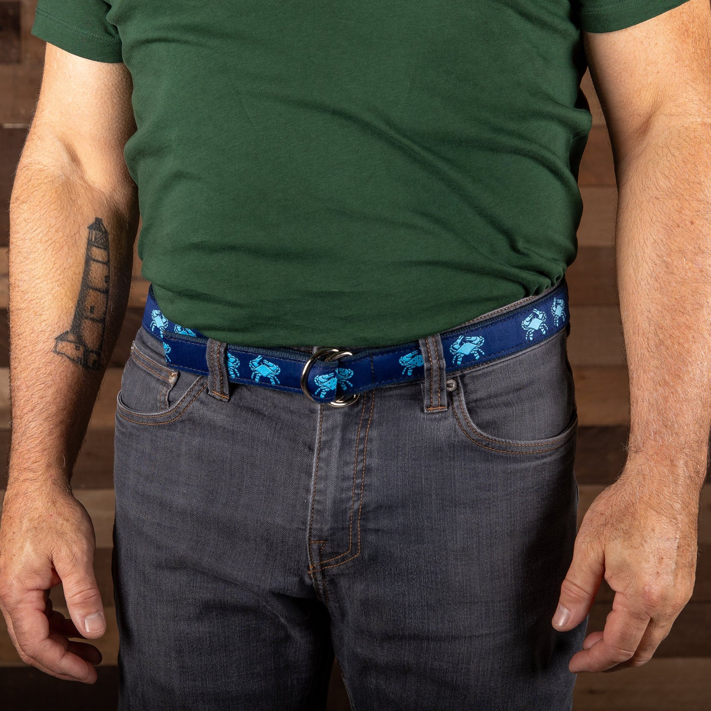 D-Ring Belt - Crabs, Light Blue on Navy Blue