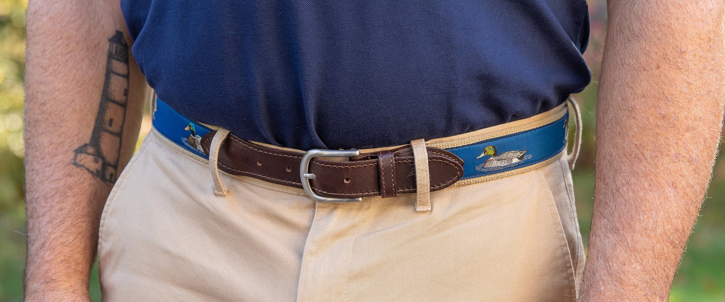 Leather Tab and Ribbon Belt - Ducks on Navy Blue
