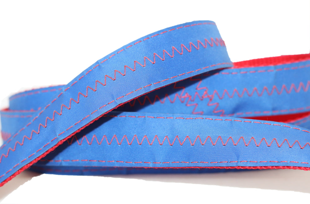1” x 6ft Sailcloth Dog Leash – Blue with Red Stitching