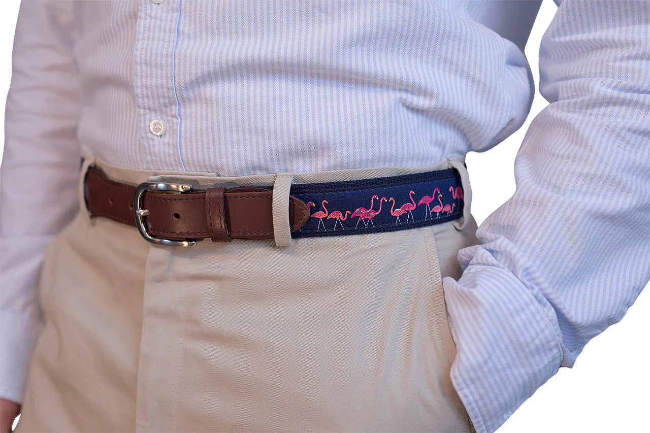Leather Tab and Ribbon Belt - Yard Flamingos
