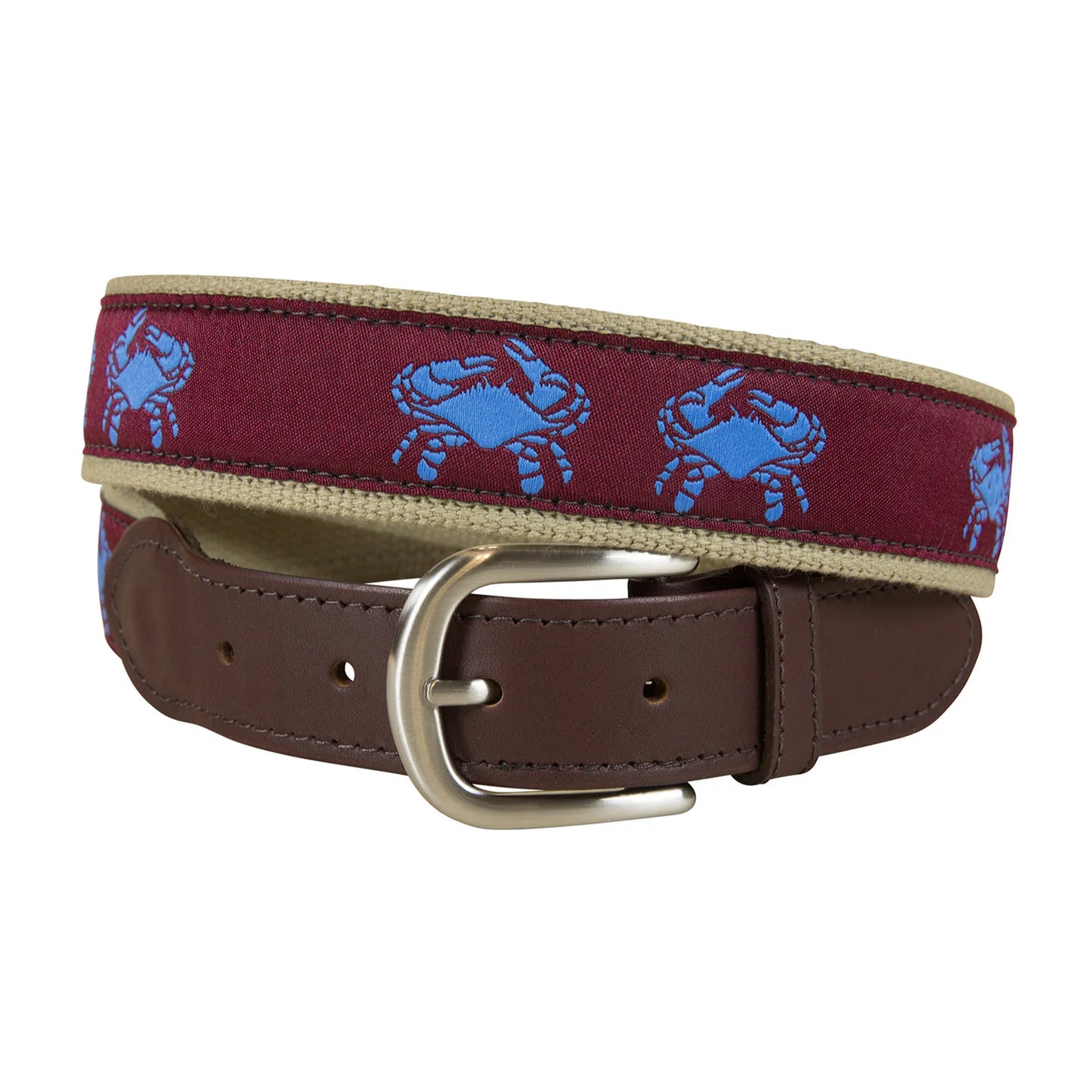 Leather Tab and Ribbon Belt - Burgundy Crabs
