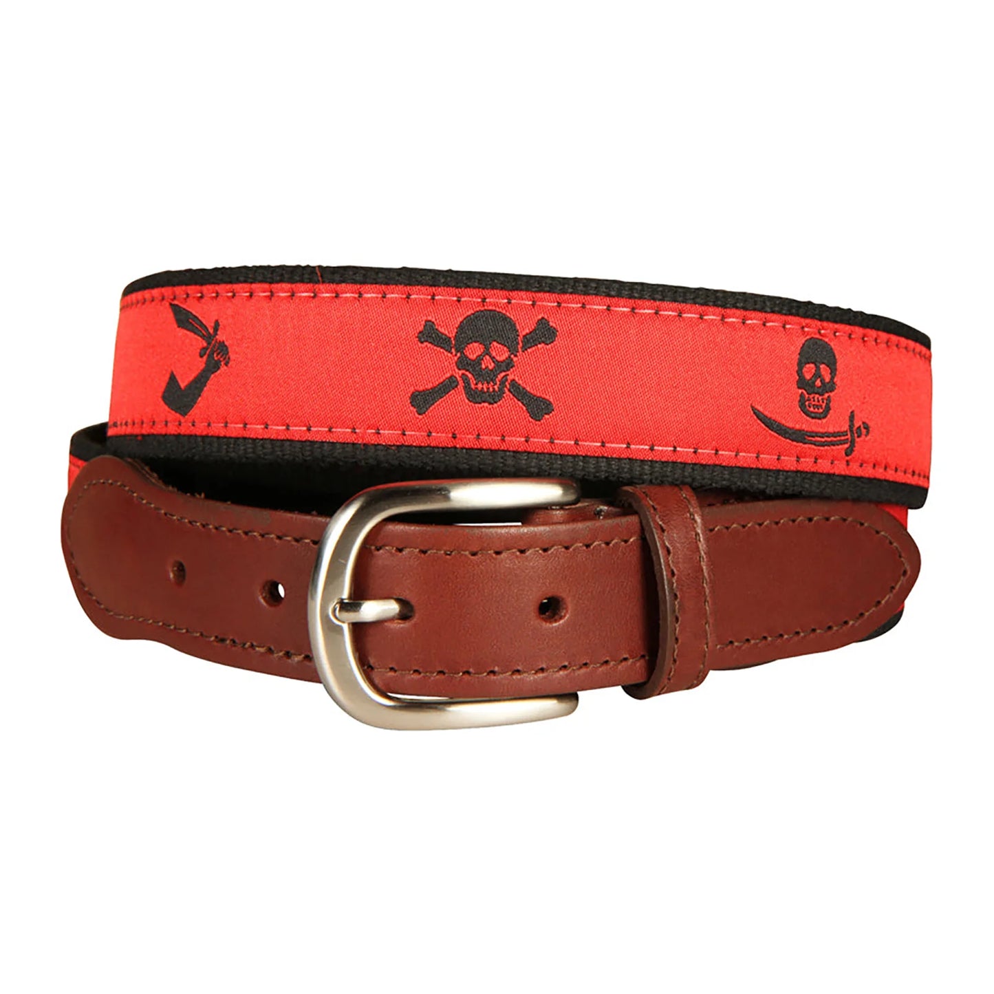 Leather Tab and Ribbon Belt - Red Pirate Flags