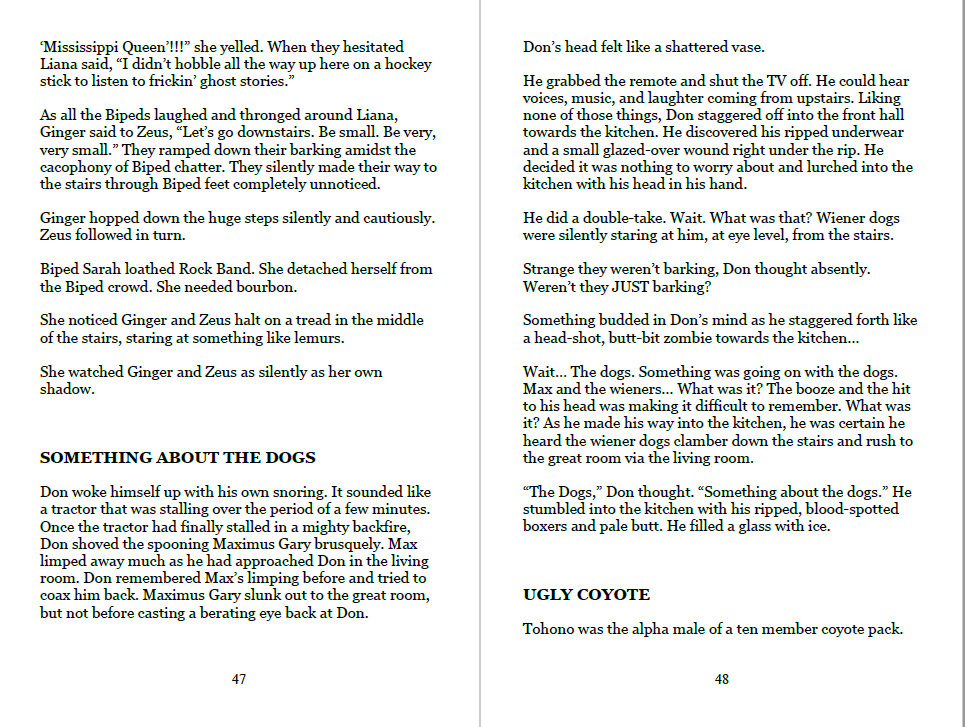 A sample two pages from the book 'The Day of the Dogs' showing text and sub-chapters.