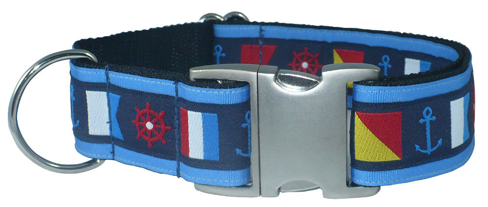 1.5” Ribbon Dog Collar – Nautical Flags, Blue
