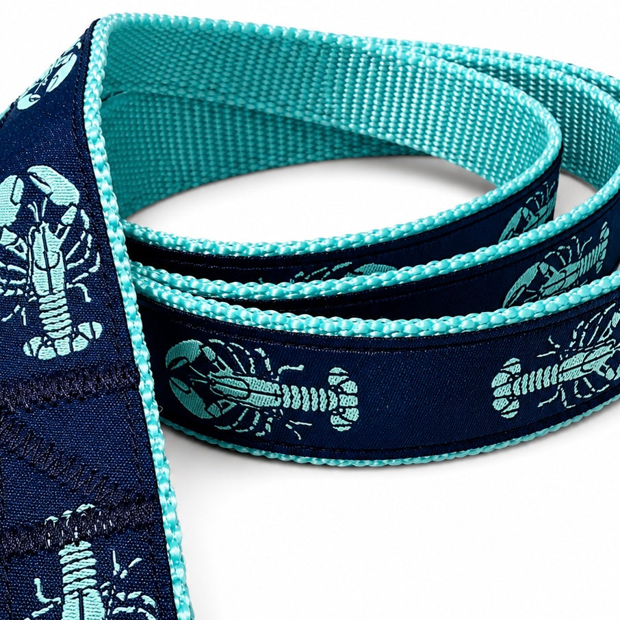Handmade Ribbon Dog Leash - Aqua Lobster On Navy - Aqua Nylon - 2 Lengths