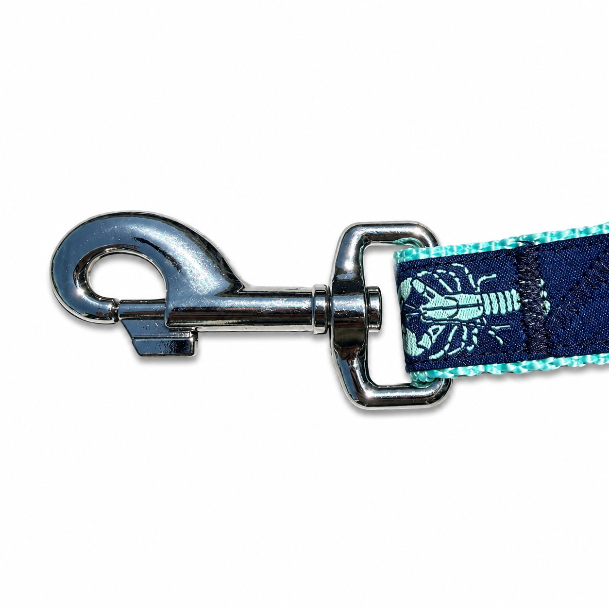 Handmade Ribbon Dog Leash - Aqua Lobster On Navy - Aqua Nylon - 2 Lengths