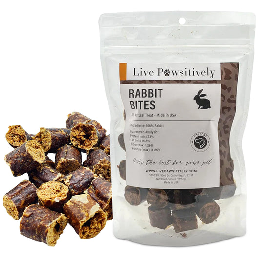 Live Pawsitively Rabbit Bites packaging with pet treats on a white background
