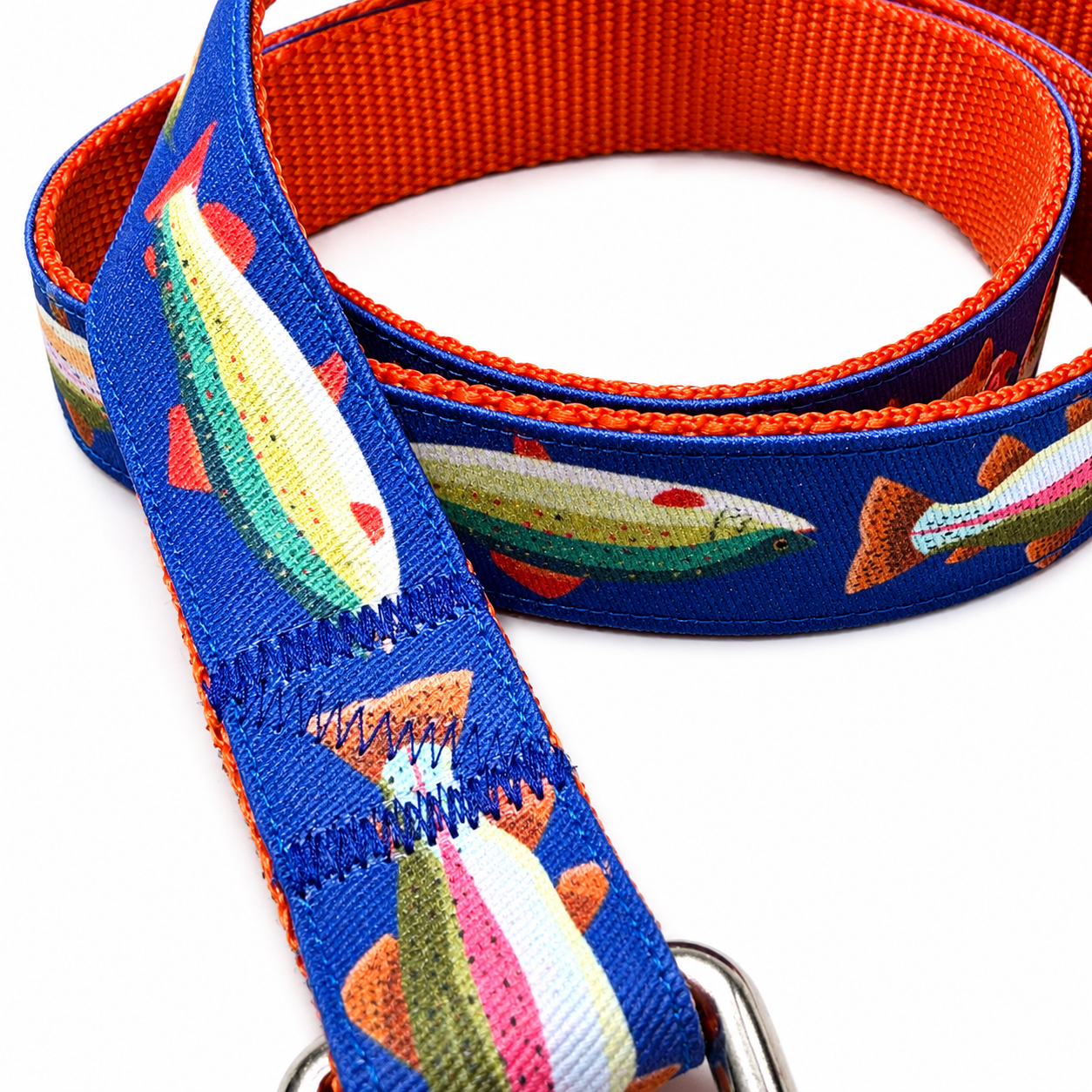 Handmade Ribbon Dog Leash - Trout on Navy - Orange Nylon - 52"