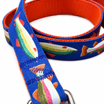 Handmade Ribbon Dog Leash - Trout on Navy - Orange Nylon - 52