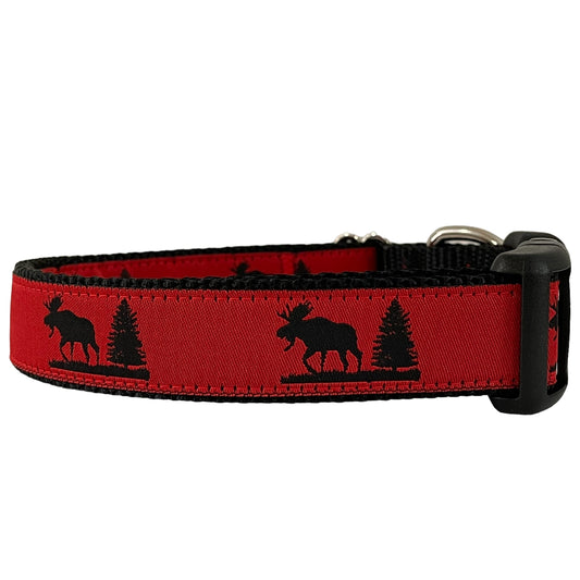 1” Ribbon Dog Collar – Red Moose on Black