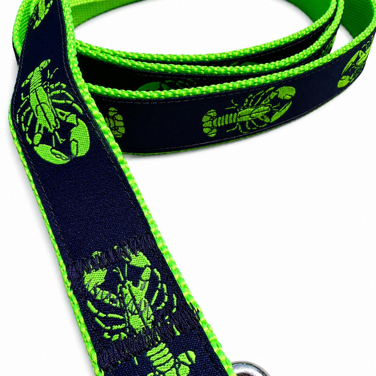 Handmade Ribbon Dog Leash - Lime Lobster On Navy - Lime Nylon - 2 Lengths