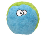 A round, plush toy shaped like a cartoon planet or character, featuring a soft blue fuzzy body and a bright green fuzzy outer edge, with large white cartoon eyes outlined in black on the front. Thumbnail