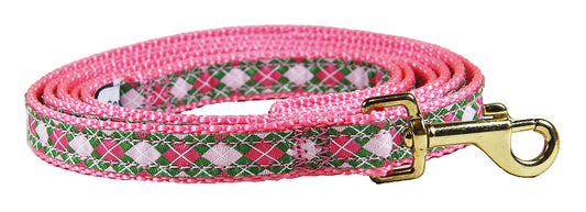 5/8” x 6ft Ribbon Dog Leash – Argyle, Pink and Green