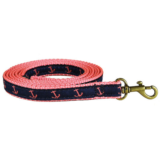 5/8” x 6ft Ribbon Dog Leash – Anchor, Pink on Navy Blue