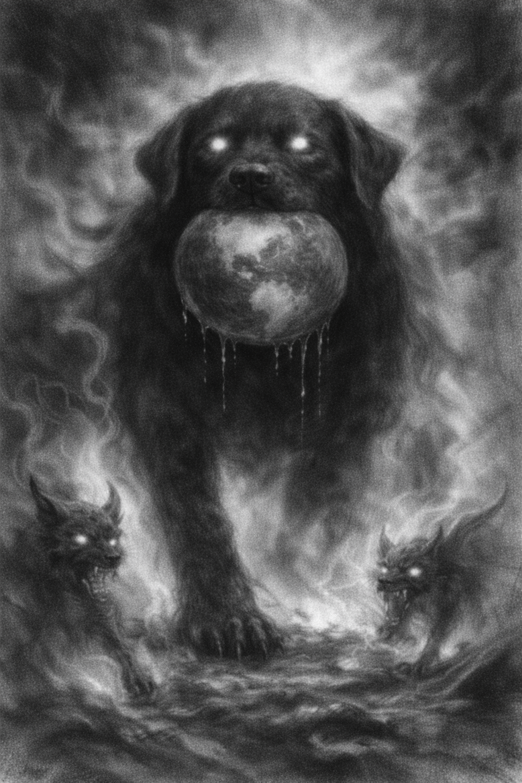 The Great Black Dog of Death marches out of smoke and flames towards Tohono with Ginger and Zeus flanking him. 