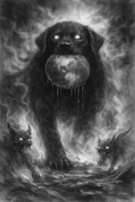 The Great Black Dog of Death marches out of smoke and flames towards Tohono with Ginger and Zeus flanking him.  Thumbnail
