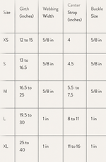 Table displaying size chart for dog harness measurements including girth, webbing width, center strap, and buckle size. Thumbnail