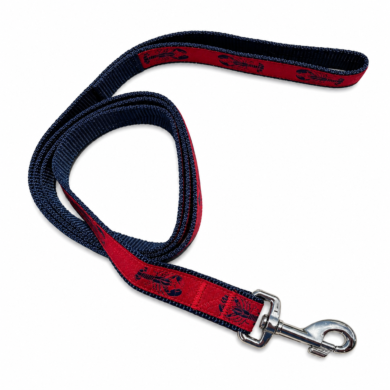 Handmade Ribbon Dog Leash - Navy Lobster On Red - Navy Nylon - 2 Lengths