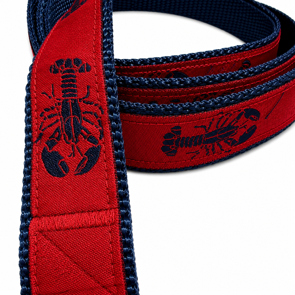 Handmade Ribbon Dog Leash - Navy Lobster On Red - Navy Nylon - 2 Lengths