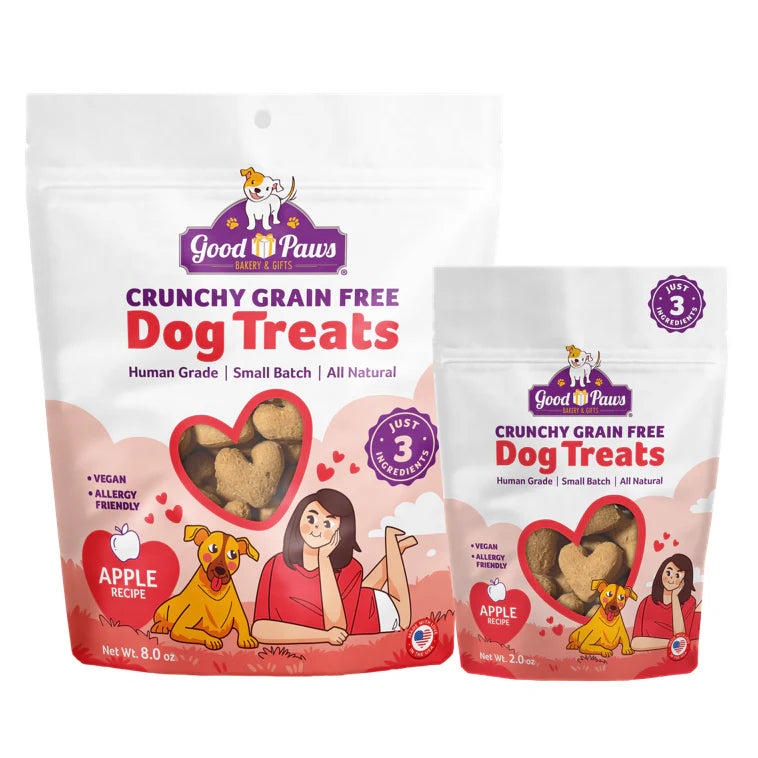 Two packages of Apple, crunchy grain-free human grade dog treats 8oz and 2oz 