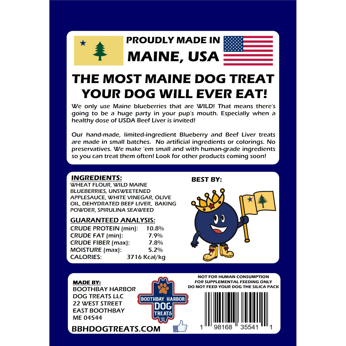 Back of the packaging displaying the "Proudly Made in Maine" badge, nutritional facts, and a list of wholesome, human-grade ingredients.