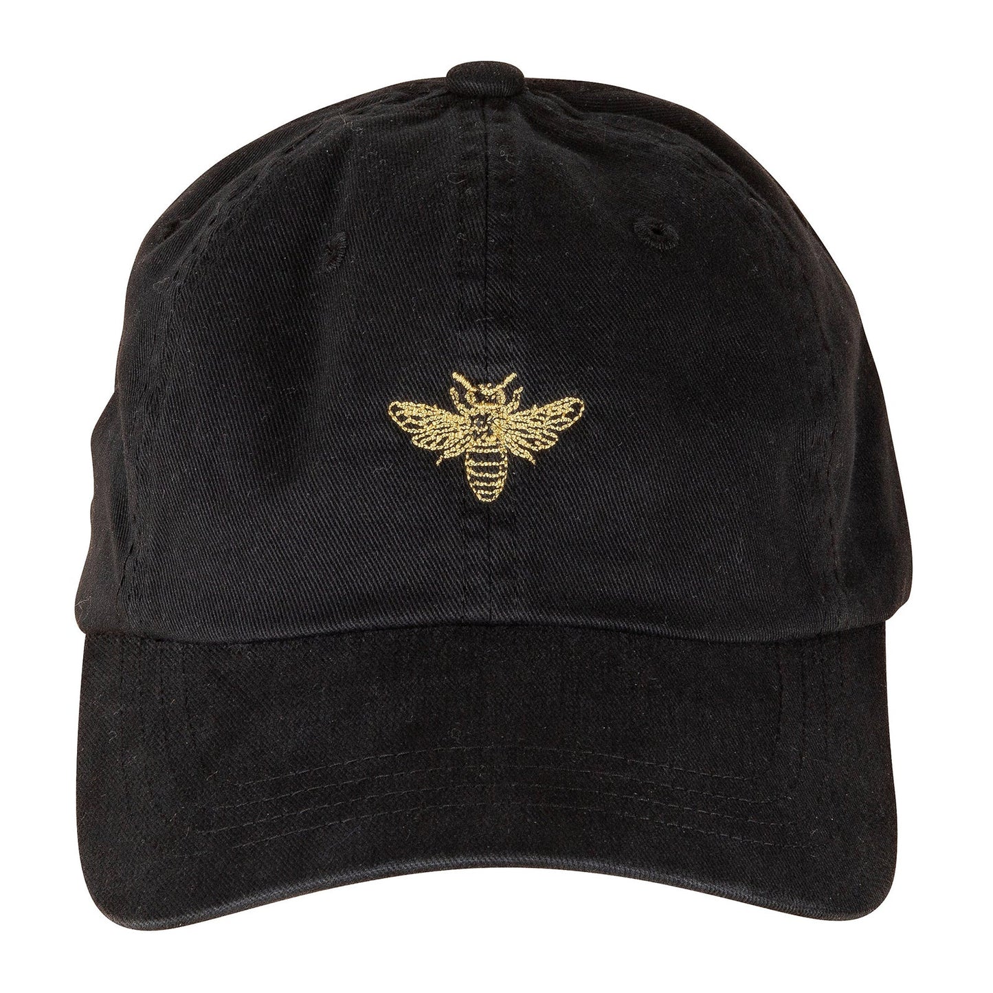 Black baseball cap with an embroidered yellow bee on a white background