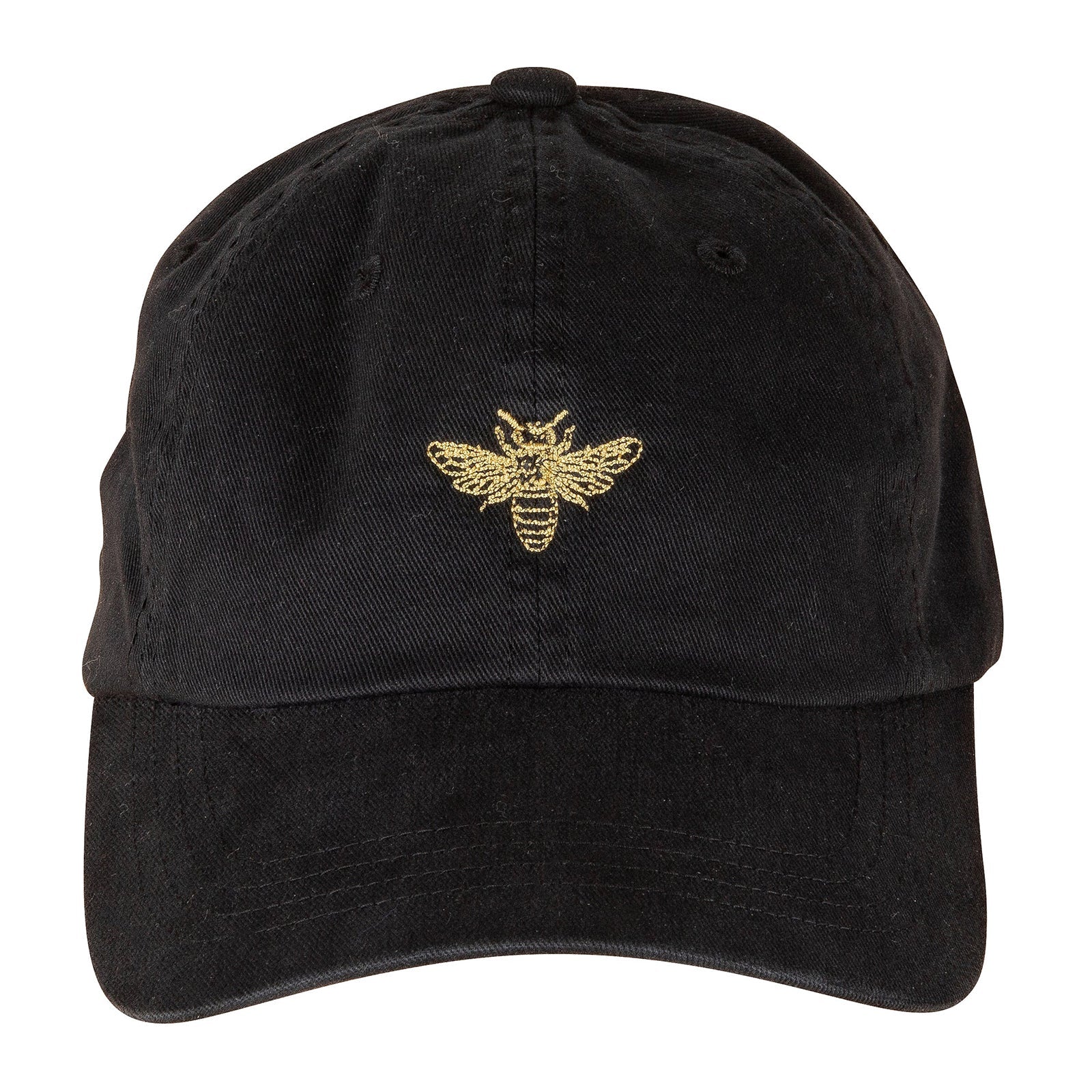 Black baseball cap with an embroidered yellow bee on a white background